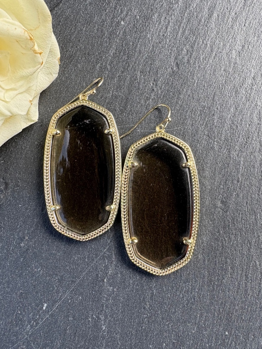 Kendra Scott Danielle Drop Earrings Translucent Smoky Glass Gold Statement HTF